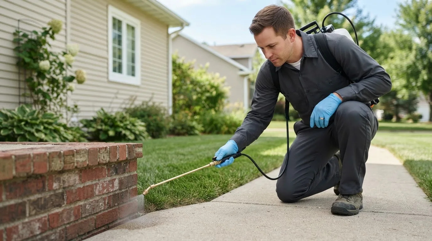 Pest control technician treating a home near Acton, MA