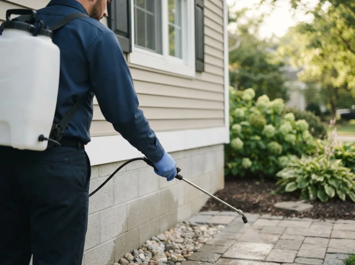 Pest control technician inspecting a home in Acton, MA